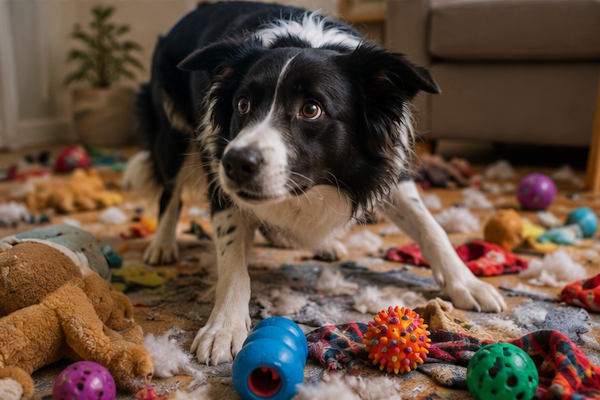An excited dog struggling to settle